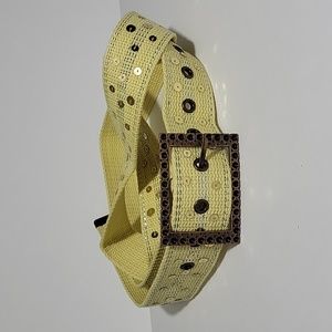 Y2K Pale Yellow Woven Belt with Metallic Strands and Gold Sequins - L/XL